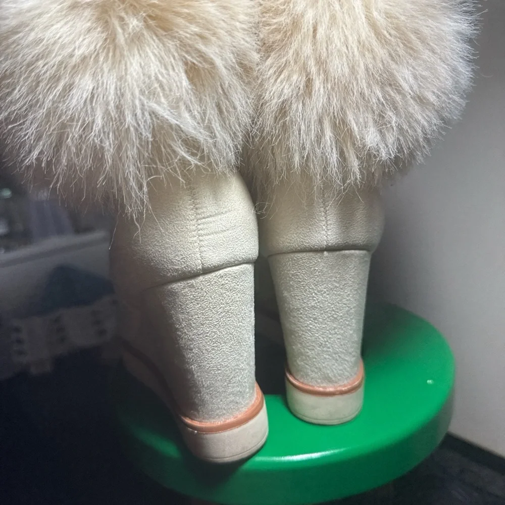 BAMBOO Cream Heeled Boots with Faux Fur - Picture 4 of 5